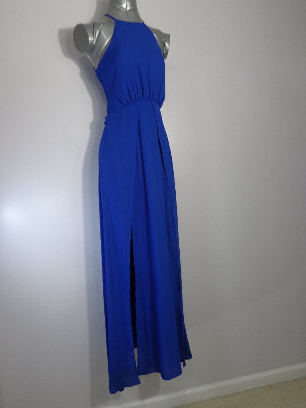 GB Blue Maxi Dress Front Open Long Panel w. Shorts Inner Tie Back Womens Size XS